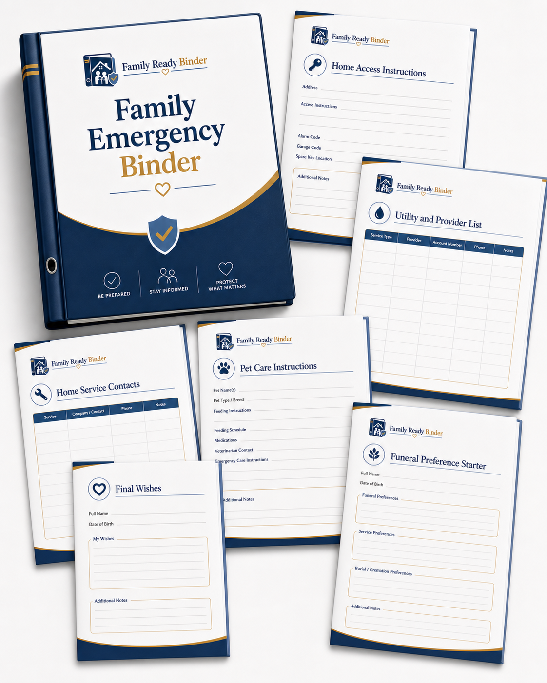 Home care, pet care, and final wishes worksheet preview pages
